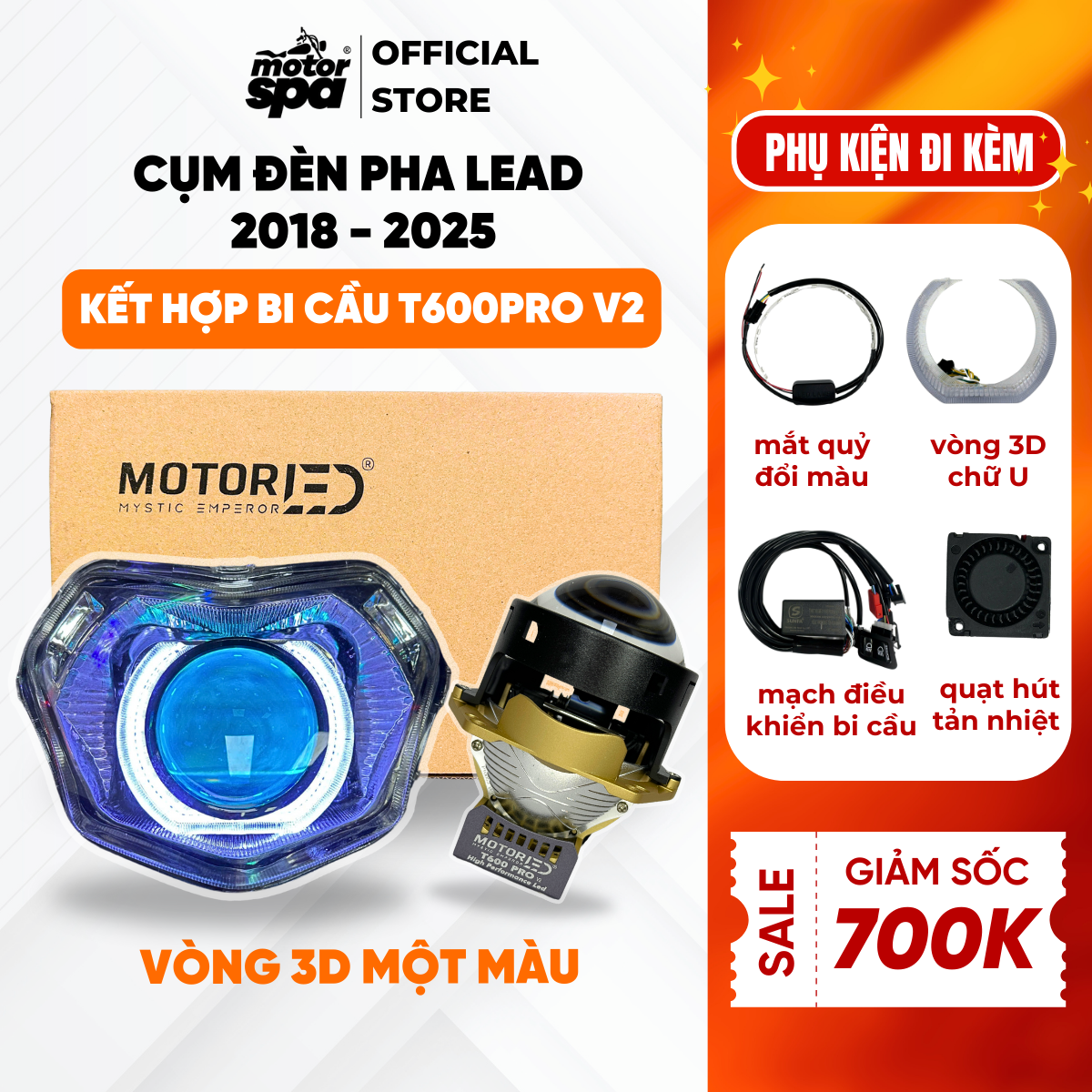 Cụm Đèn Pha Lead Vòng 3D Một Màu Dành Cho Đời Xe Từ 2018-2025, Kết Hợp Bi Cầu 3.0 Motorled T600 Pro V2