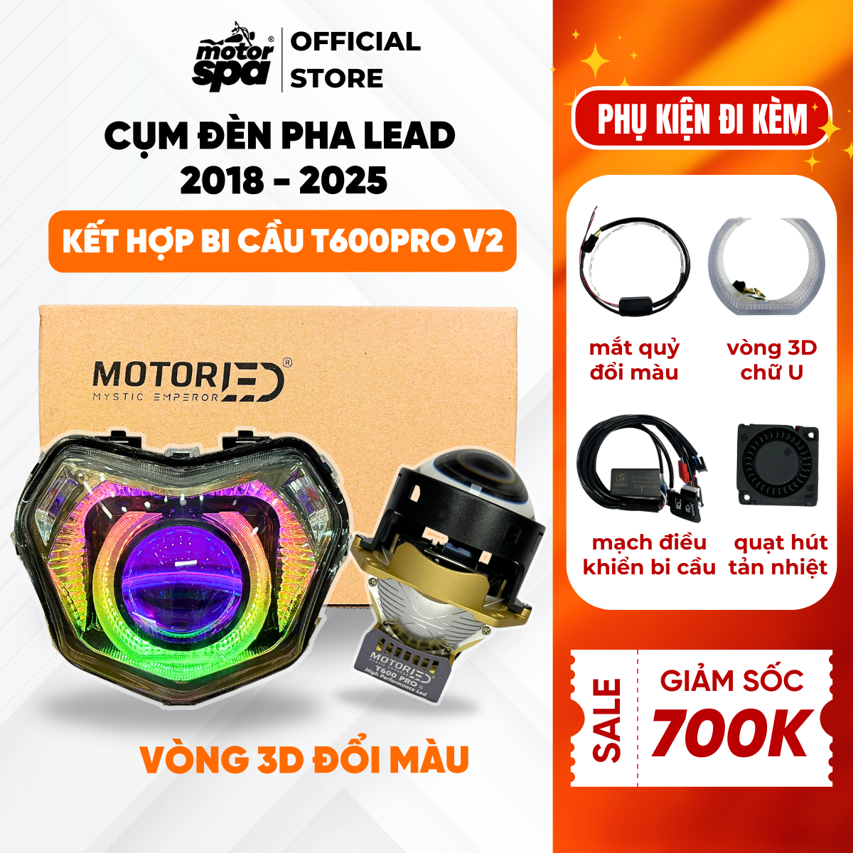 Cụm Đèn Pha Lead Vòng 3D Đổi Màu Dành Cho Đời Xe Từ 2018-2025, Kết Hợp Bi Cầu 3.0 Motorled T600 Pro V2